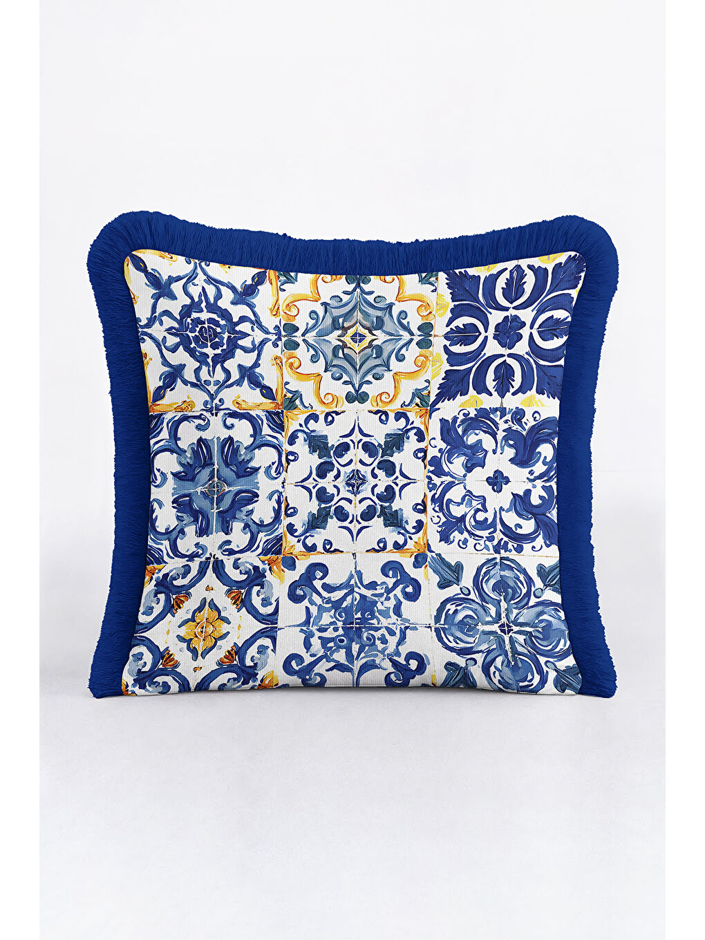 Karışık Barok Lüks Mavi Saçaklı Yastık Kılıfı - Akdeniz Country Altın Renkli Püsküllü Kırlent Kılıfı-4