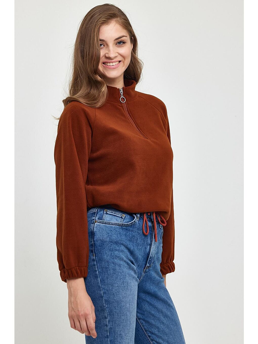 Kahverengi Kadın Rahat Kalıp Softech Polar Yarım Fermuarlı Sweatshırt spr24pwk99-4