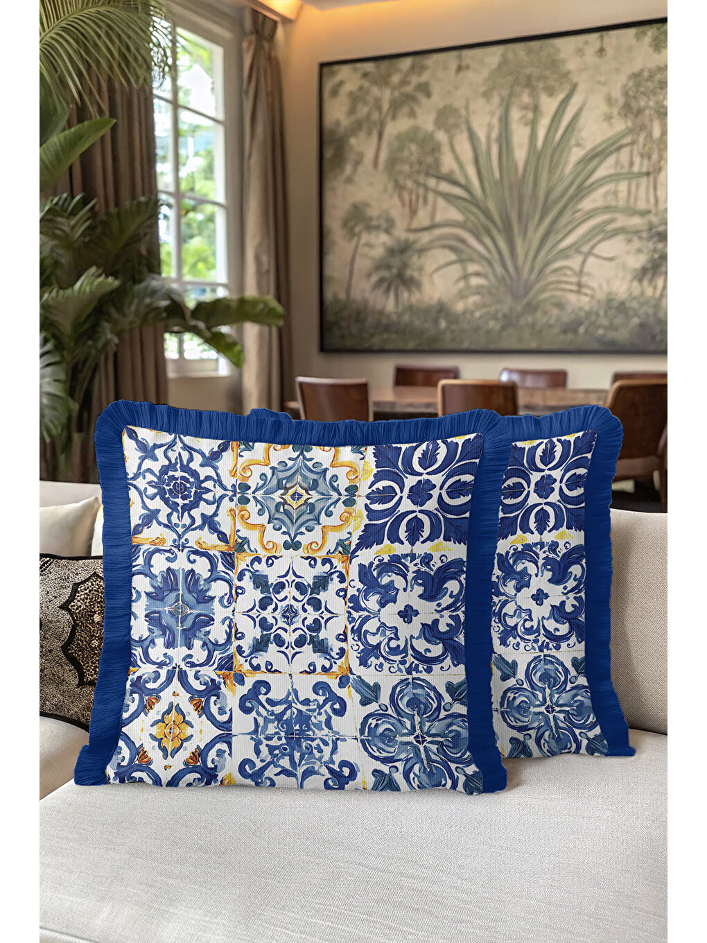 Karışık Barok Lüks Mavi Saçaklı Yastık Kılıfı - Akdeniz Country Altın Renkli Püsküllü Kırlent Kılıfı-5