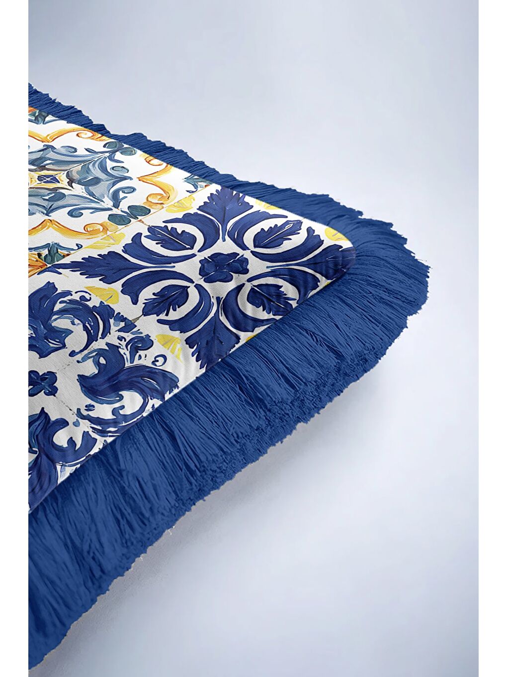 Karışık Barok Lüks Mavi Saçaklı Yastık Kılıfı - Akdeniz Country Altın Renkli Püsküllü Kırlent Kılıfı-6