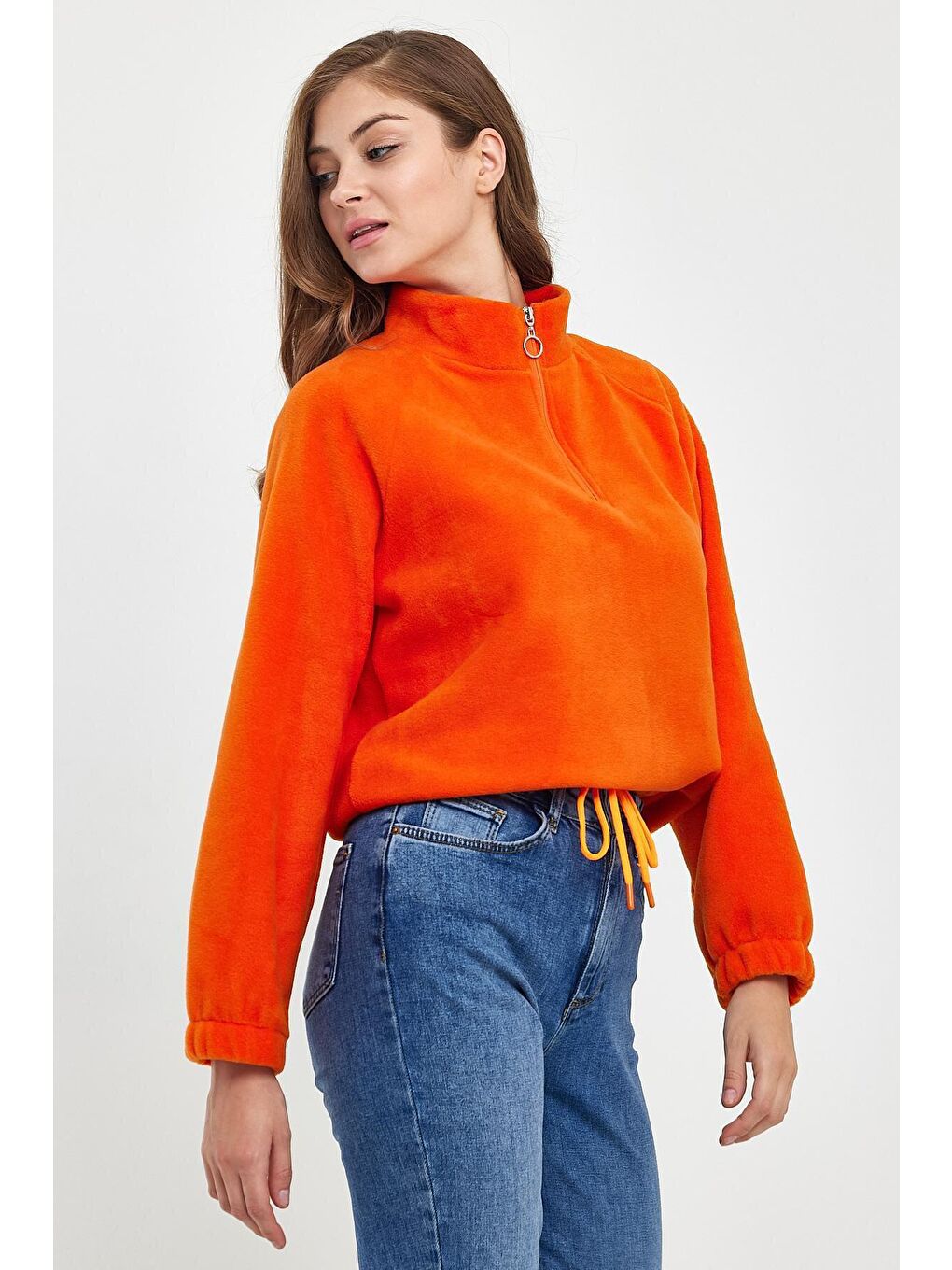 Turuncu Kadın Rahat Kalıp Softech Polar Yarım Fermuarlı Sweatshırt spr24pwk99