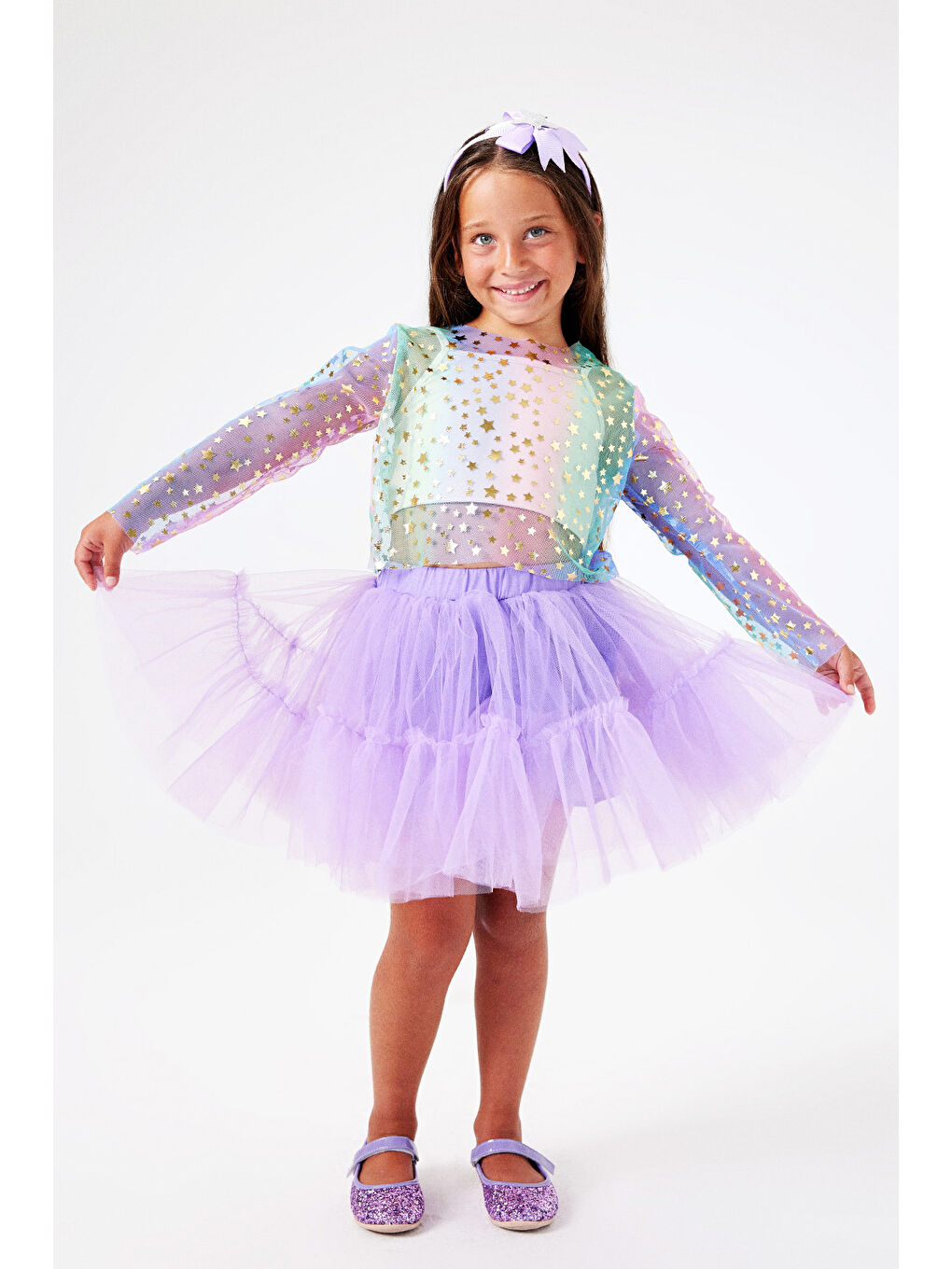 Karışık Çok Renkli Uzun Kollu Yıldızlı Kız Çocuk Tül Crop-1