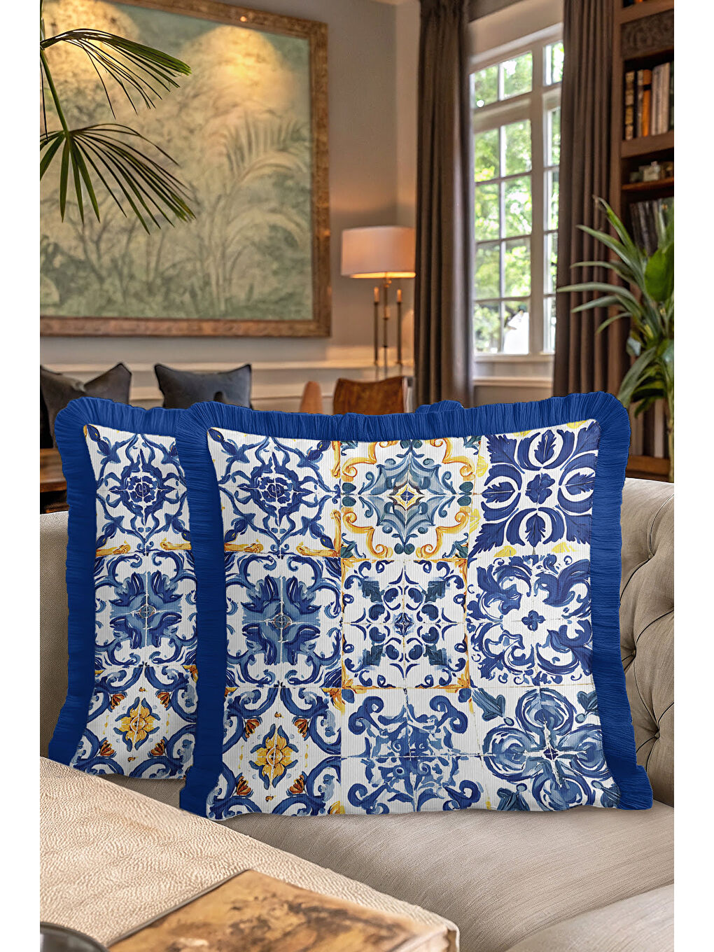 Karışık Barok Lüks Mavi Saçaklı Yastık Kılıfı - Akdeniz Country Altın Renkli Püsküllü Kırlent Kılıfı-7