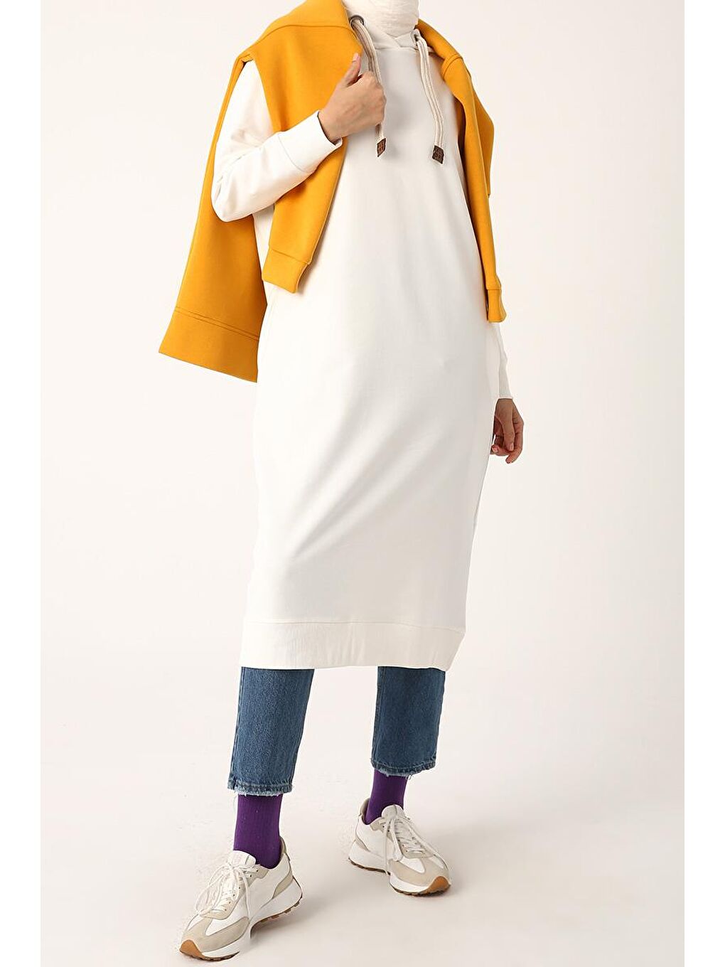 Ekru Kuşgözlü Kapüşonlu Cepli Sweat Tunik