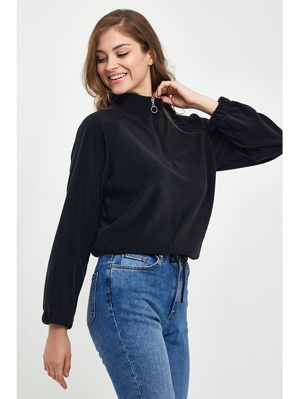 Siyah Kadın Rahat Kalıp Softech Polar Yarım Fermuarlı Sweatshırt spr24pwk99-4