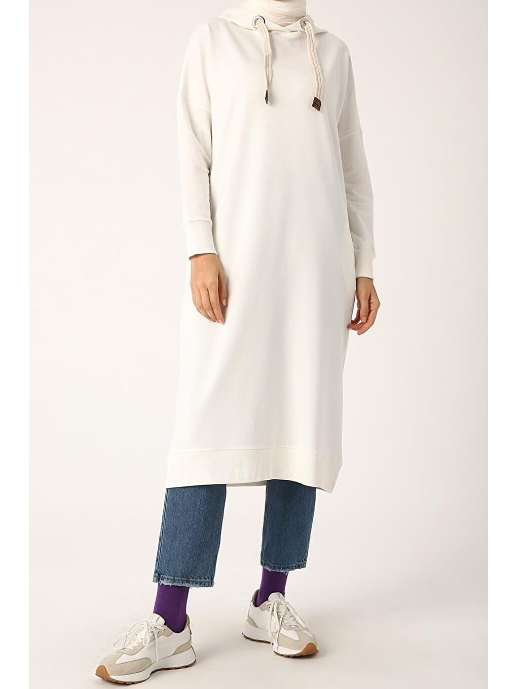 Ekru Kuşgözlü Kapüşonlu Cepli Sweat Tunik-1