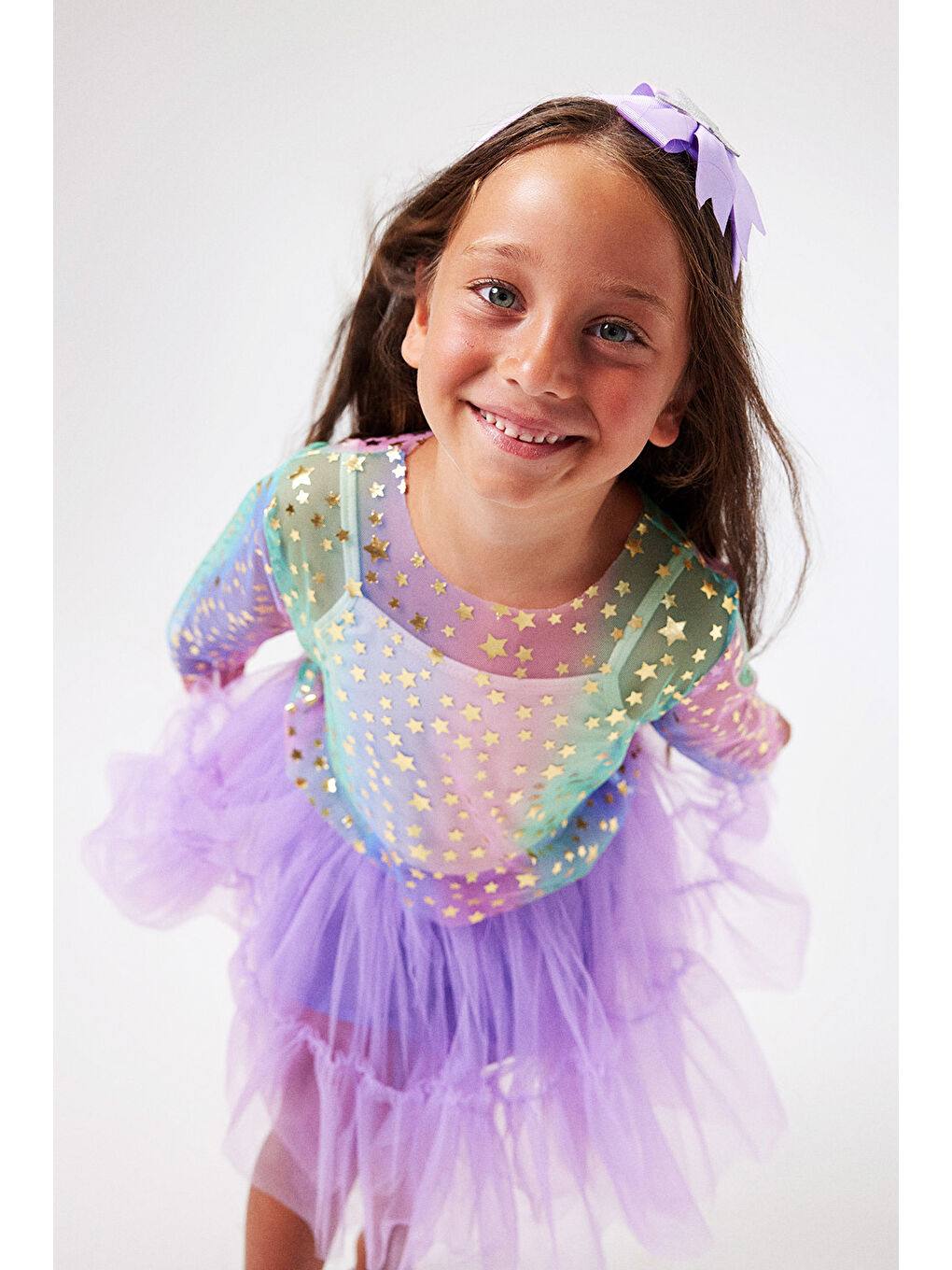 Karışık Çok Renkli Uzun Kollu Yıldızlı Kız Çocuk Tül Crop-2