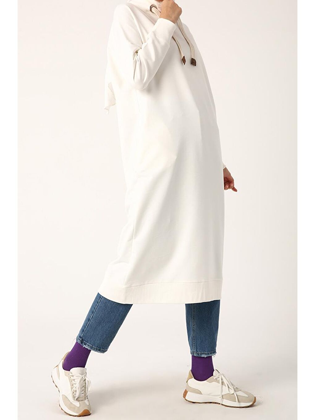 Ekru Kuşgözlü Kapüşonlu Cepli Sweat Tunik-2