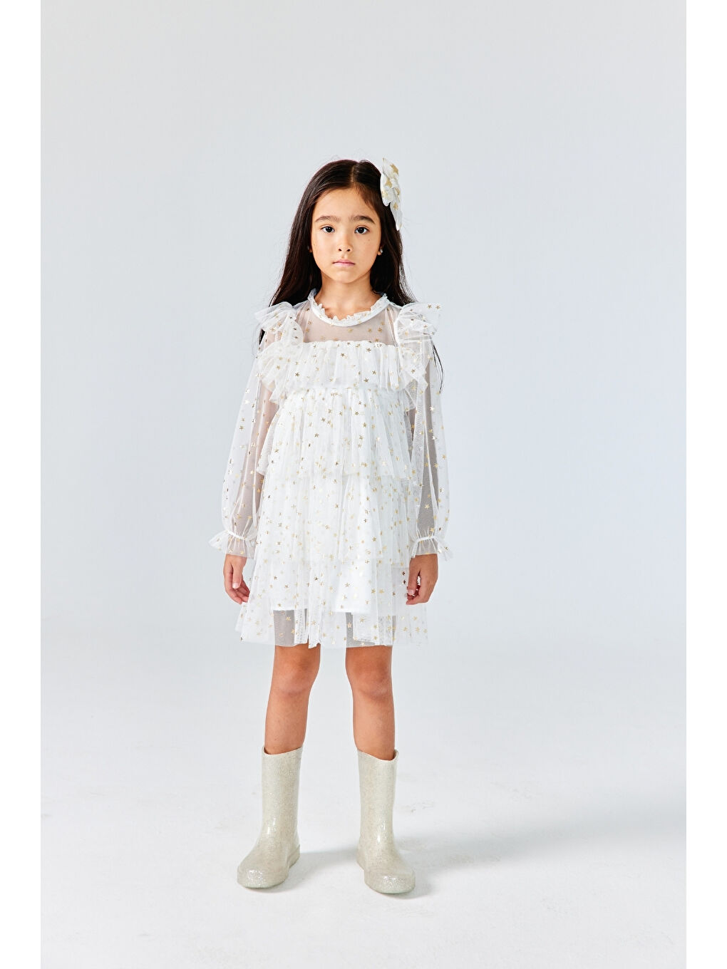 Ekru Yıldız Desenli Katlı Kız Çocuk Elbise - Felicia