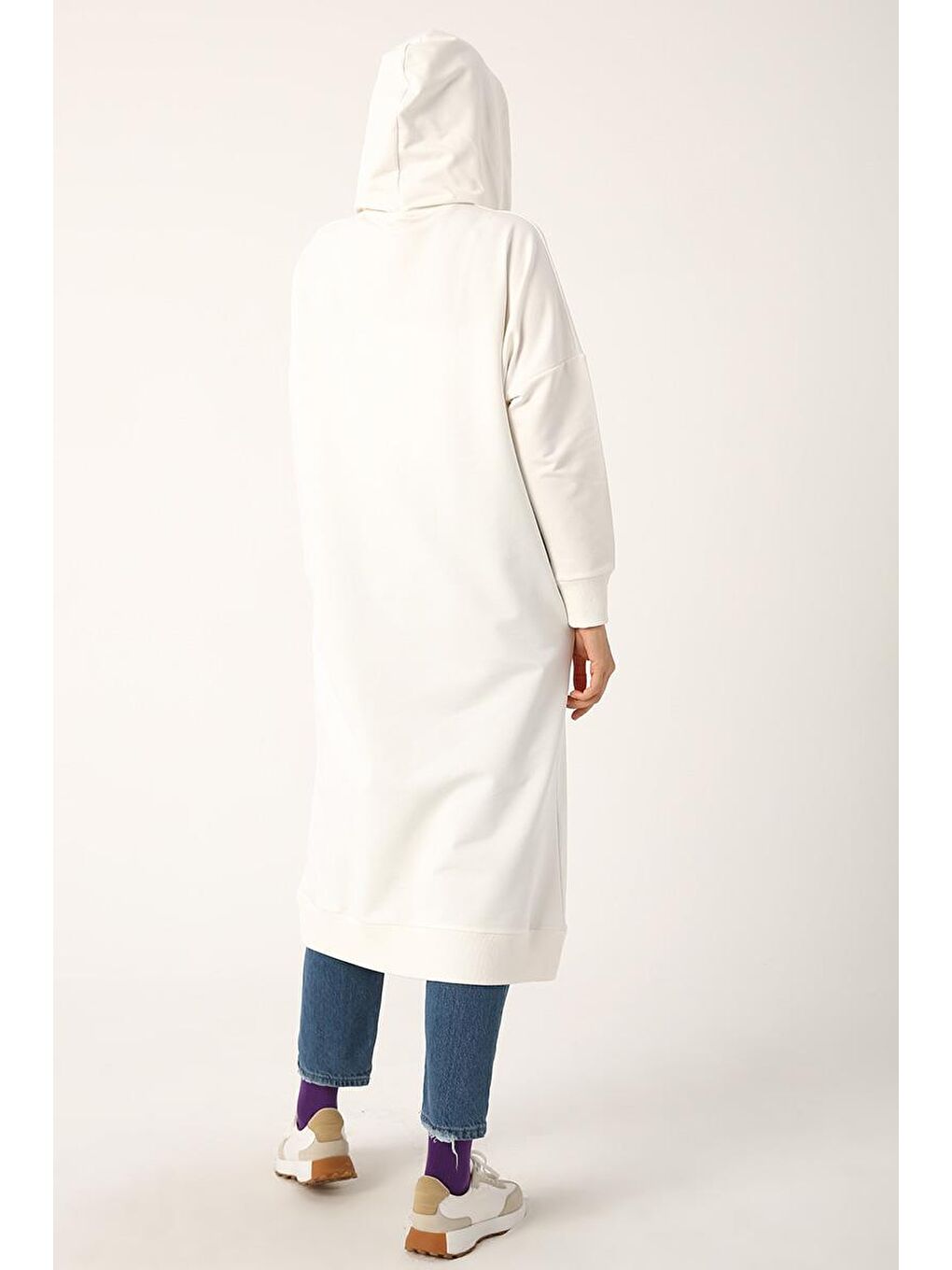Ekru Kuşgözlü Kapüşonlu Cepli Sweat Tunik-3