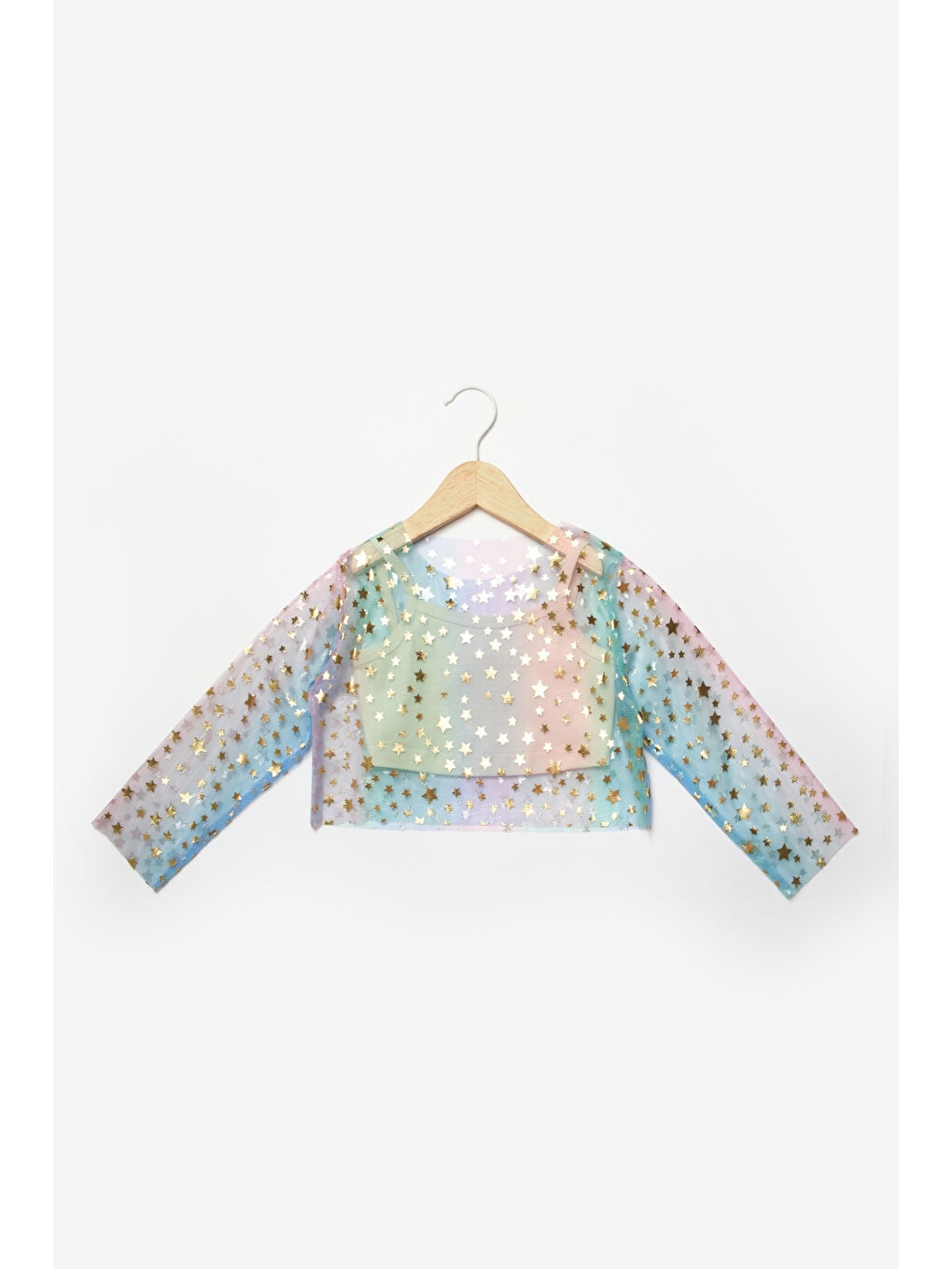 Karışık Çok Renkli Uzun Kollu Yıldızlı Kız Çocuk Tül Crop-3