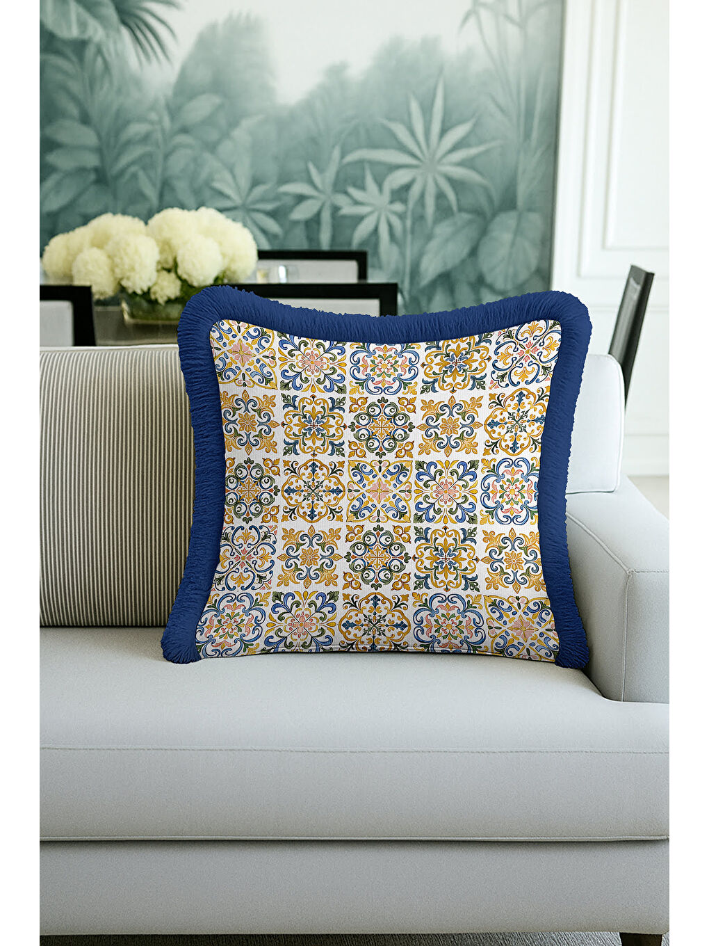Karışık Saray Motifli Saçaklı Yastık Kılıfı - Akdeniz Bohem Mavi Altın Renkli Püsküllü Kırlent Kılıfı-1