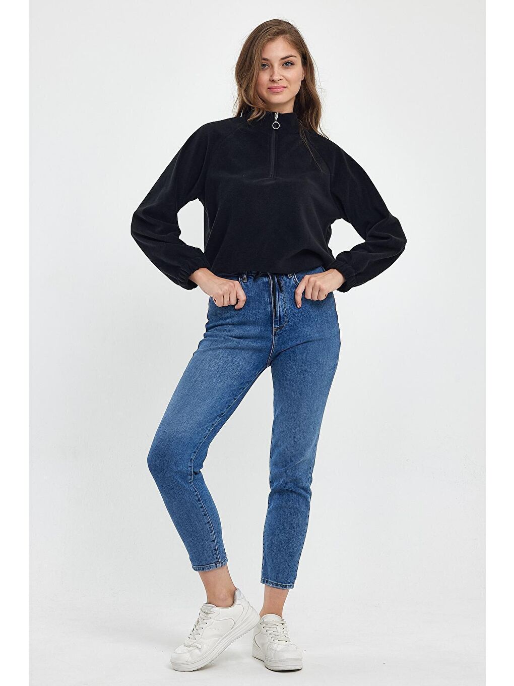 Siyah Kadın Rahat Kalıp Softech Polar Yarım Fermuarlı Sweatshırt spr24pwk99