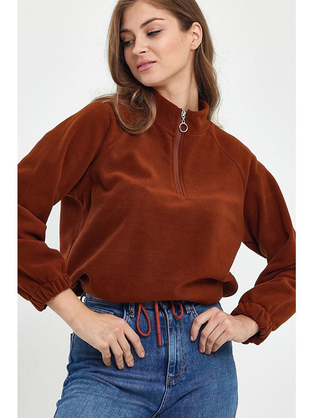 Kahverengi Kadın Rahat Kalıp Softech Polar Yarım Fermuarlı Sweatshırt spr24pwk99-1
