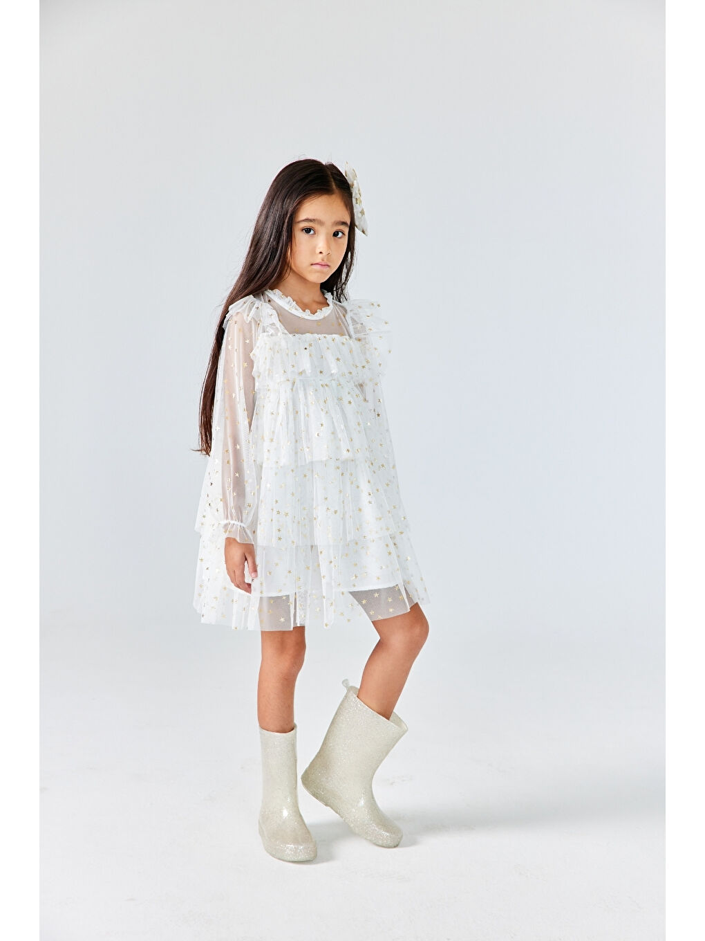 Ekru Yıldız Desenli Katlı Kız Çocuk Elbise - Felicia-1