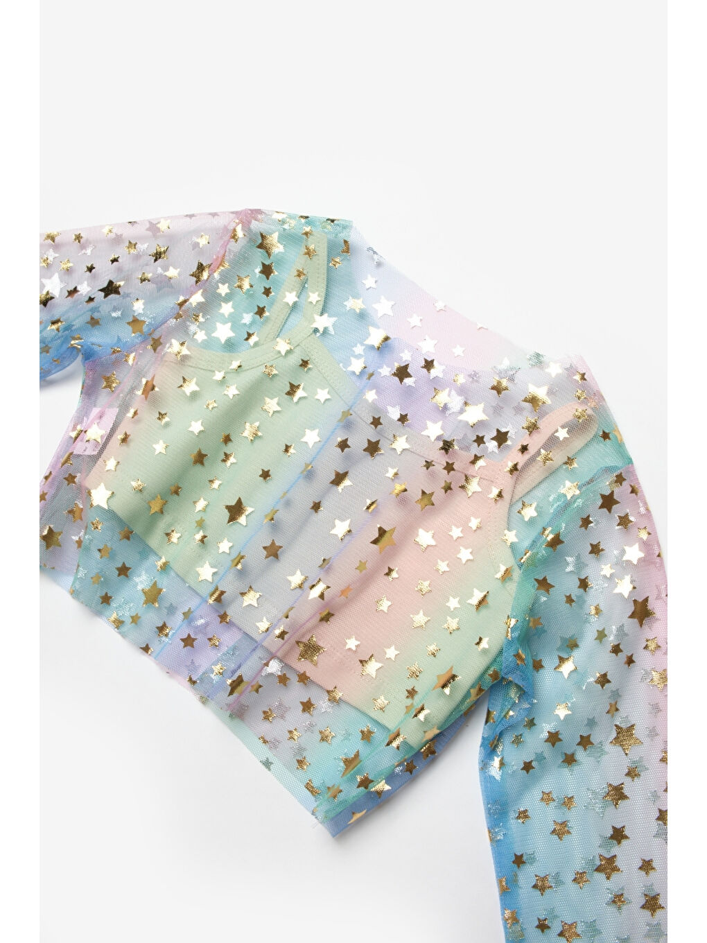 Karışık Çok Renkli Uzun Kollu Yıldızlı Kız Çocuk Tül Crop-5