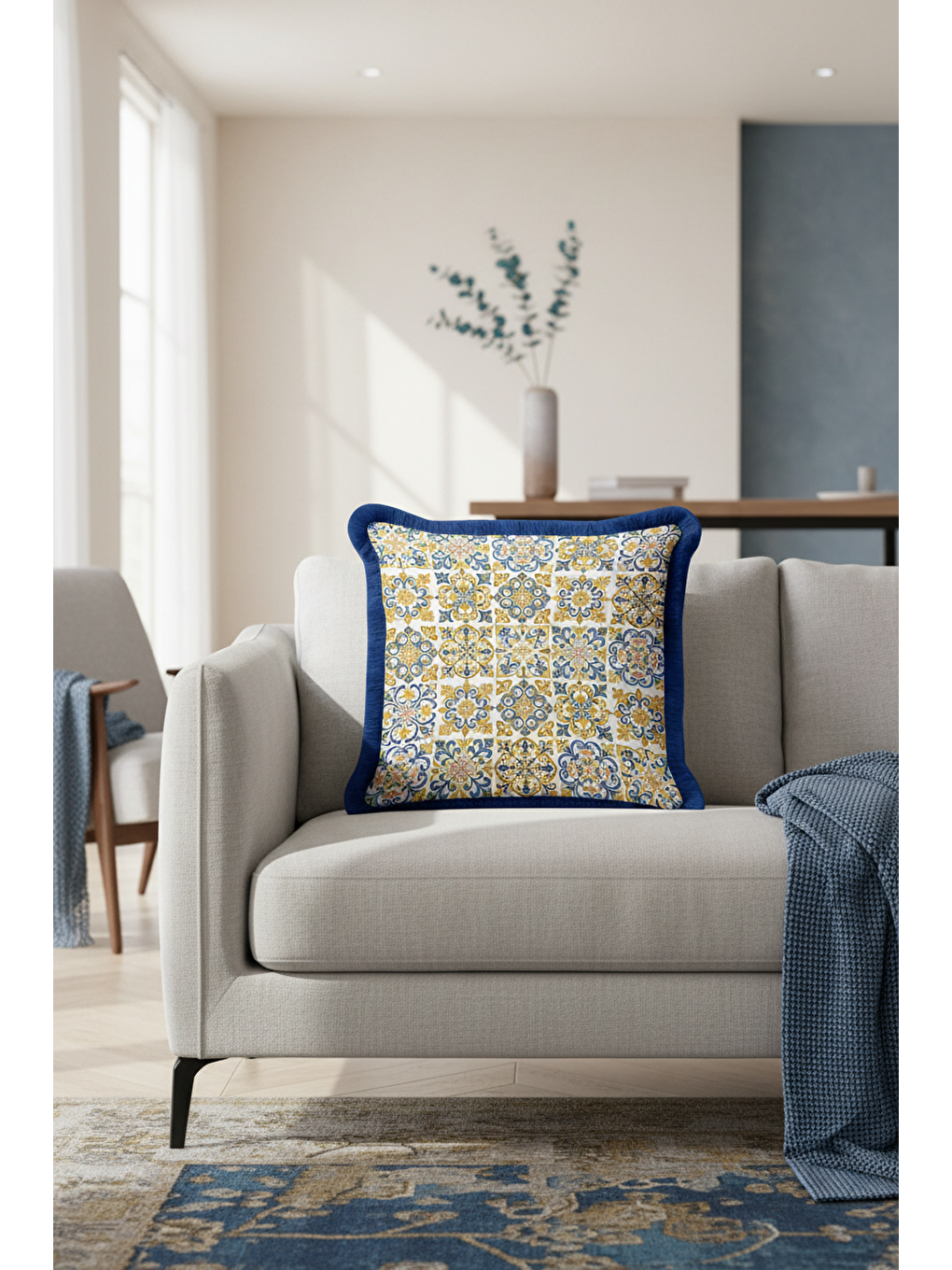 Karışık Saray Motifli Saçaklı Yastık Kılıfı - Akdeniz Bohem Mavi Altın Renkli Püsküllü Kırlent Kılıfı-2