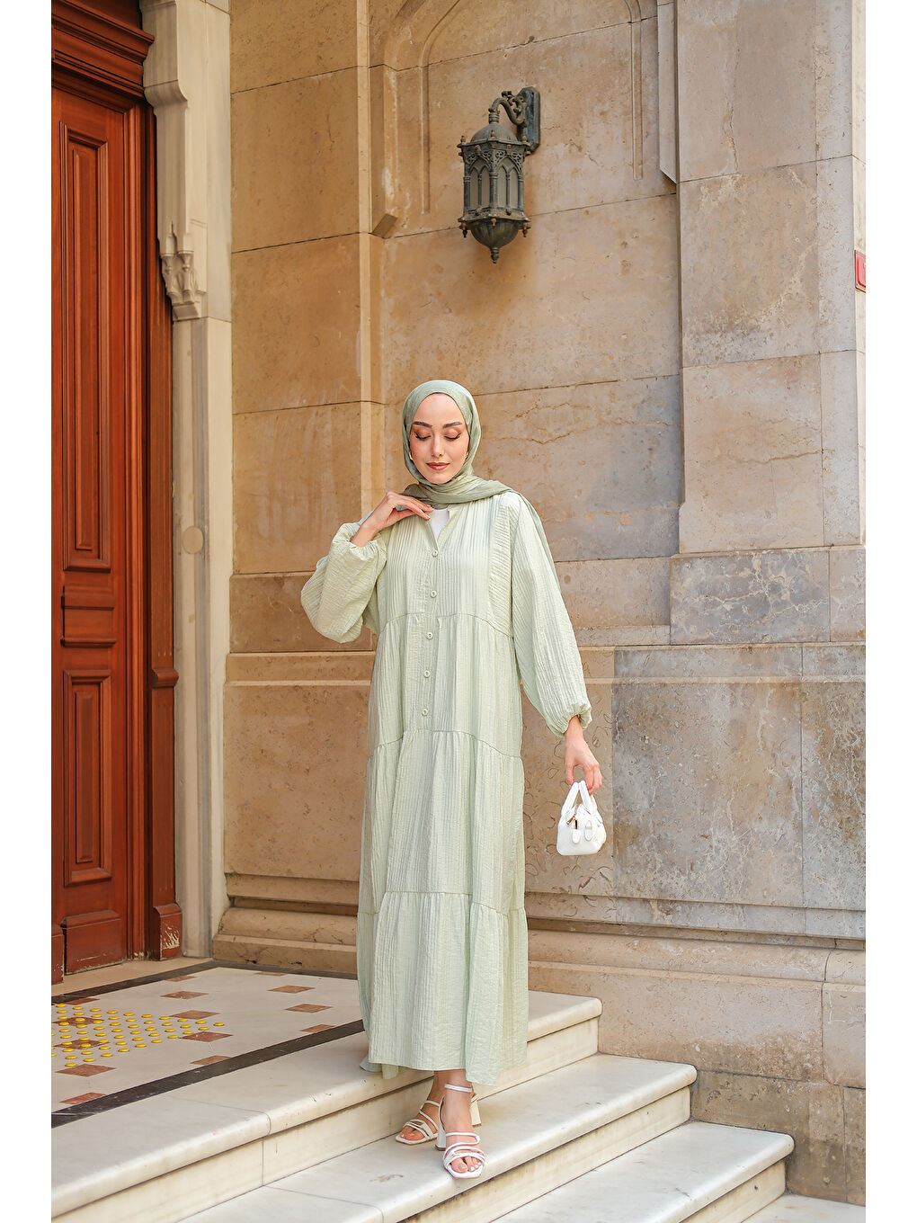 Kadın Kendinden Desenli Elbise Küf Yeşil-1