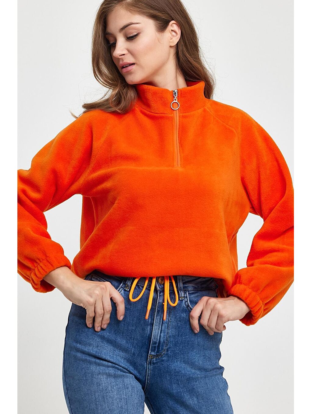 Turuncu Kadın Rahat Kalıp Softech Polar Yarım Fermuarlı Sweatshırt spr24pwk99-1