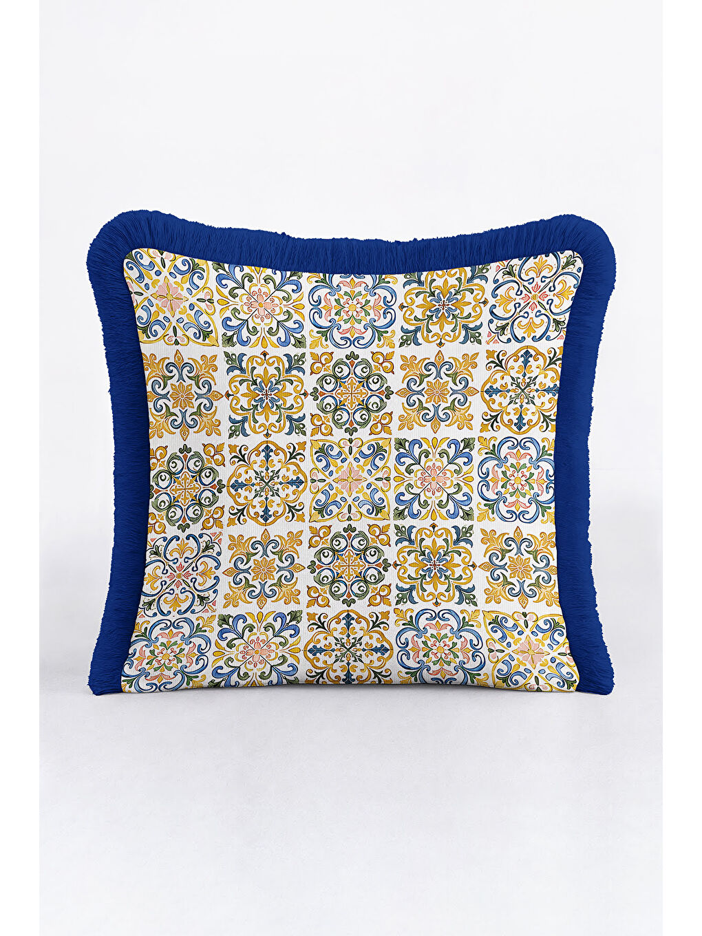 Karışık Saray Motifli Saçaklı Yastık Kılıfı - Akdeniz Bohem Mavi Altın Renkli Püsküllü Kırlent Kılıfı-3