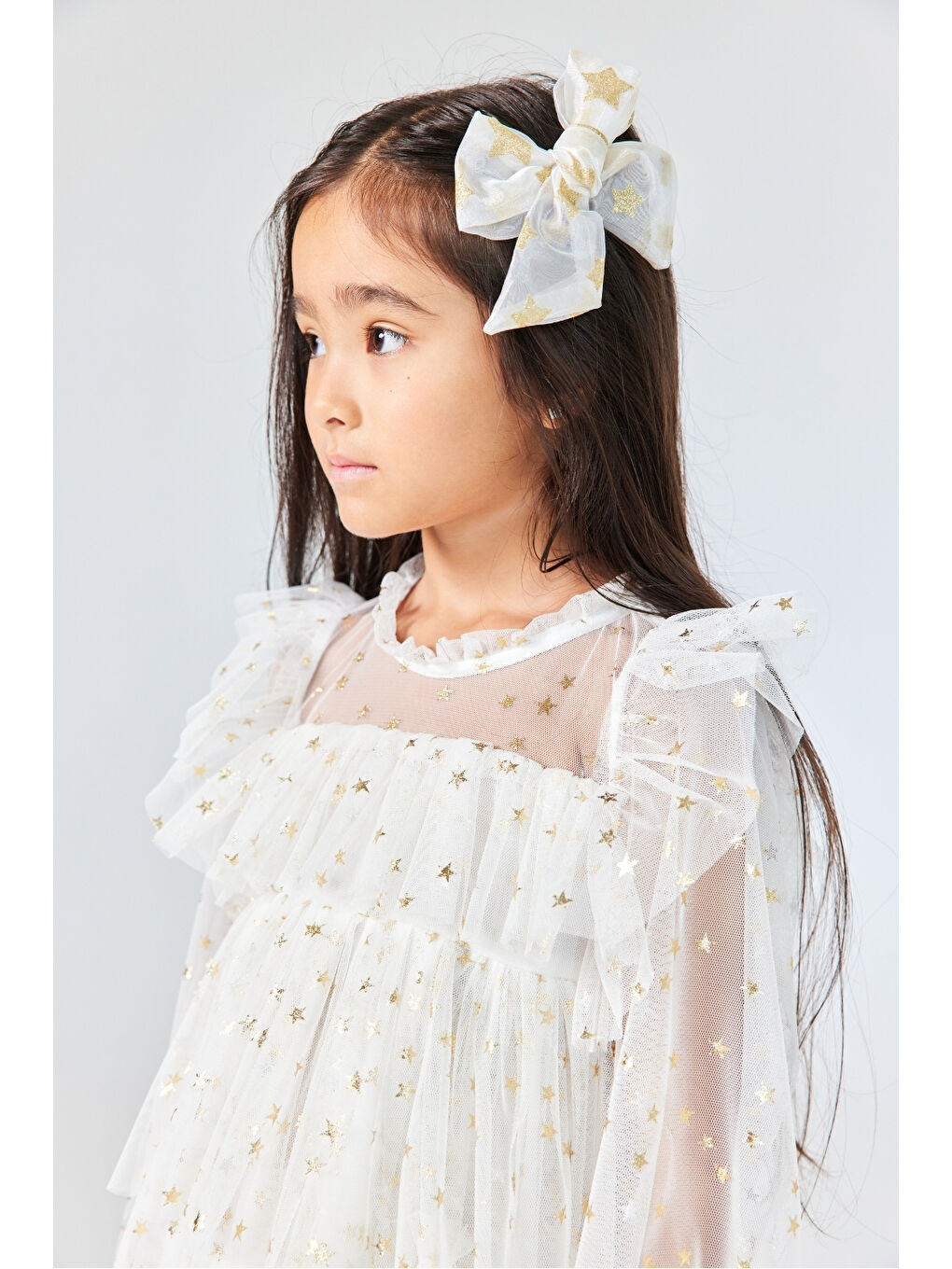Ekru Yıldız Desenli Katlı Kız Çocuk Elbise - Felicia-2