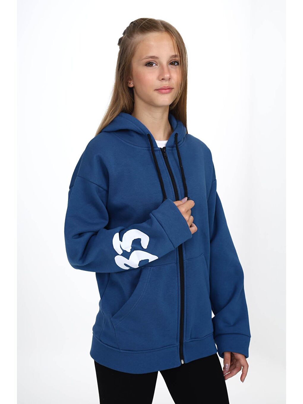 Lacivert Sırtı Baskılı Şardonlu Fermuarlı Kapüşonlu Kız Hırka 16432