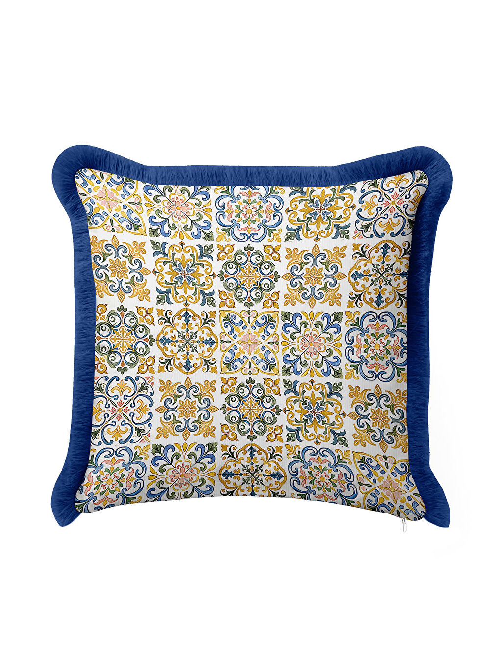 Karışık Saray Motifli Saçaklı Yastık Kılıfı - Akdeniz Bohem Mavi Altın Renkli Püsküllü Kırlent Kılıfı-4