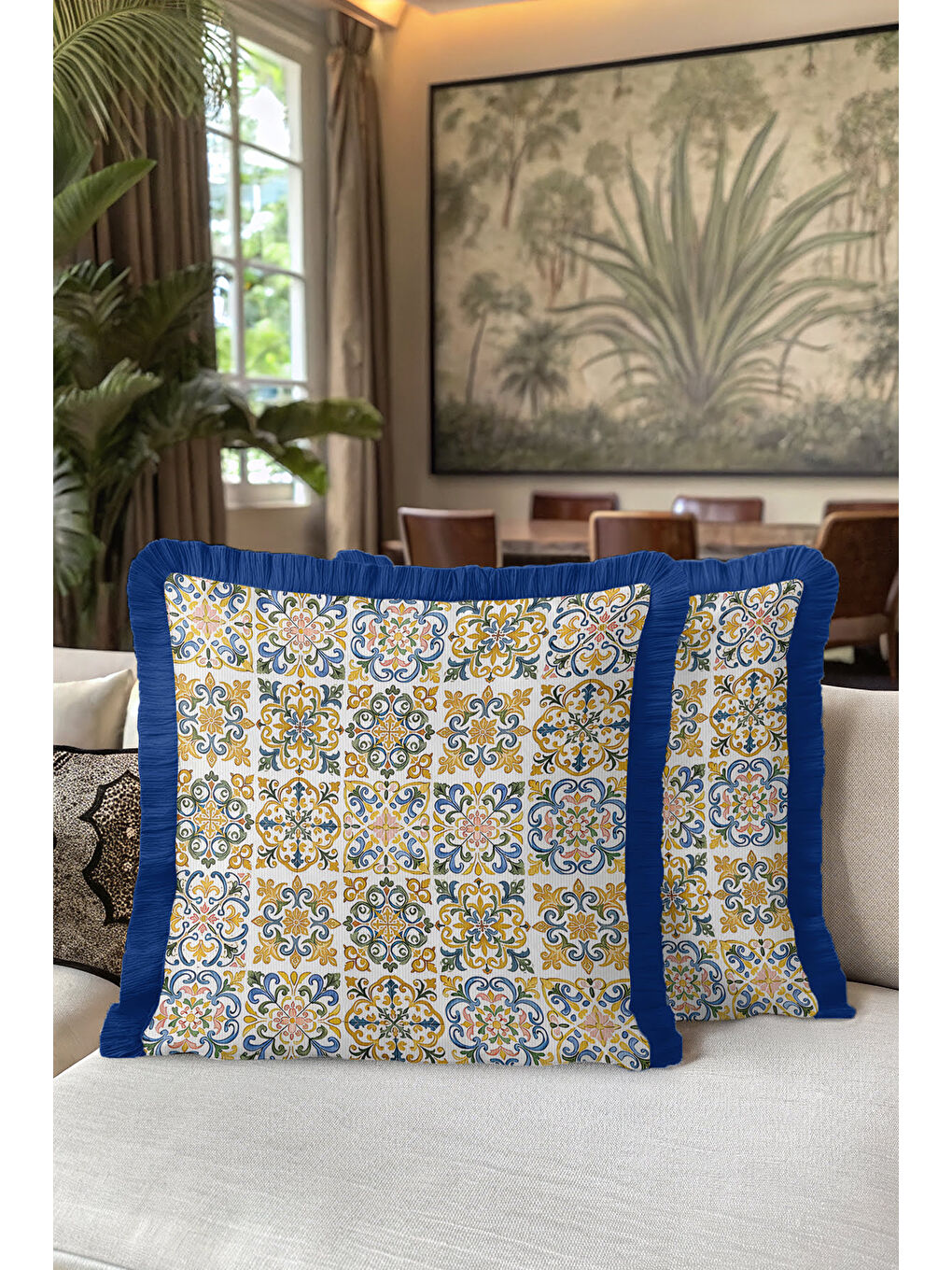 Karışık Saray Motifli Saçaklı Yastık Kılıfı - Akdeniz Bohem Mavi Altın Renkli Püsküllü Kırlent Kılıfı-5