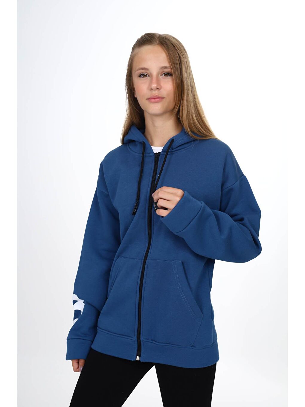 Lacivert Sırtı Baskılı Şardonlu Fermuarlı Kapüşonlu Kız Hırka 16432-1