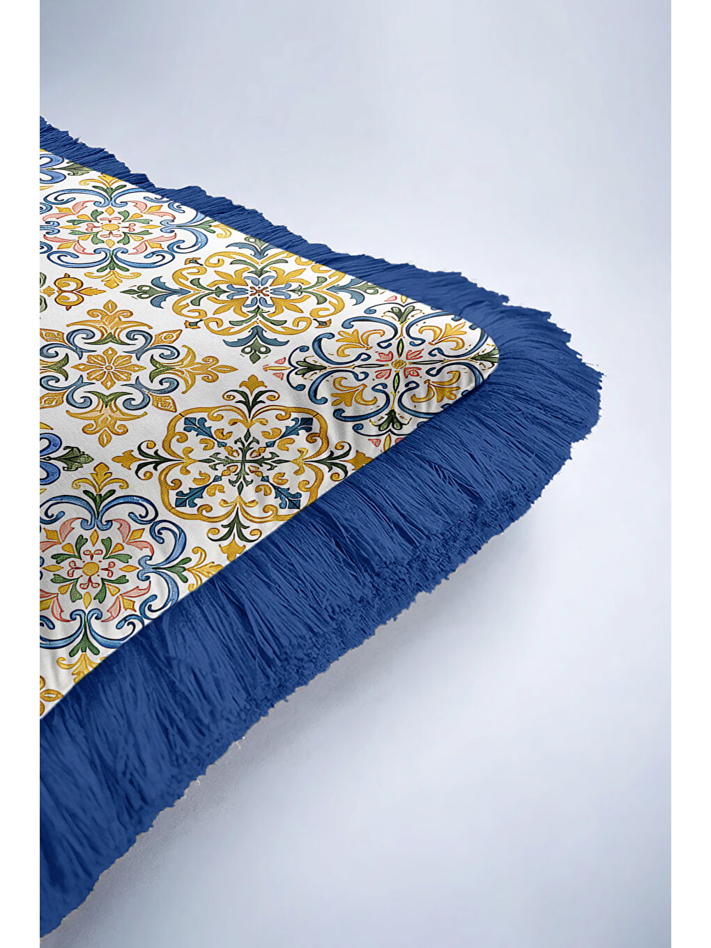 Karışık Saray Motifli Saçaklı Yastık Kılıfı - Akdeniz Bohem Mavi Altın Renkli Püsküllü Kırlent Kılıfı-6