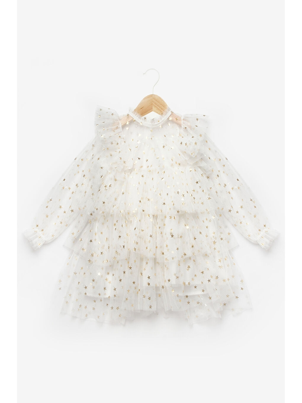 Ekru Yıldız Desenli Katlı Kız Çocuk Elbise - Felicia-3
