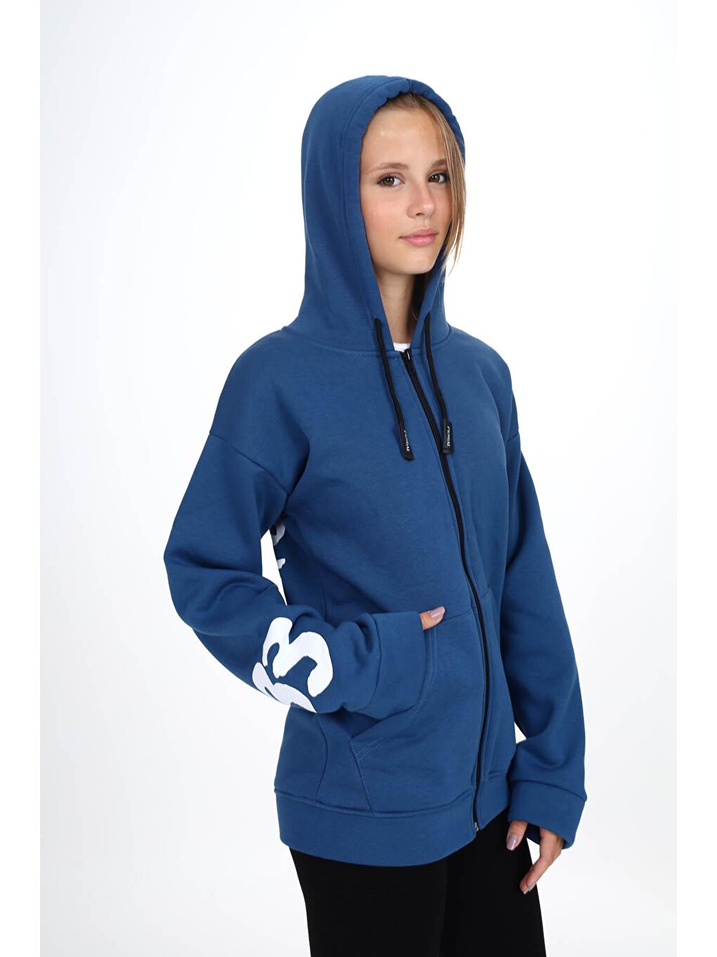 Lacivert Sırtı Baskılı Şardonlu Fermuarlı Kapüşonlu Kız Hırka 16432-2