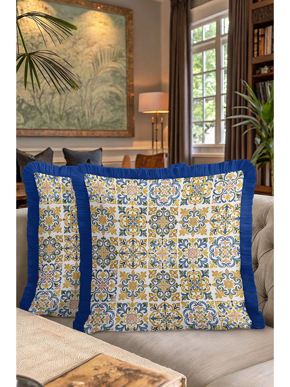 Karışık Saray Motifli Saçaklı Yastık Kılıfı - Akdeniz Bohem Mavi Altın Renkli Püsküllü Kırlent Kılıfı-7