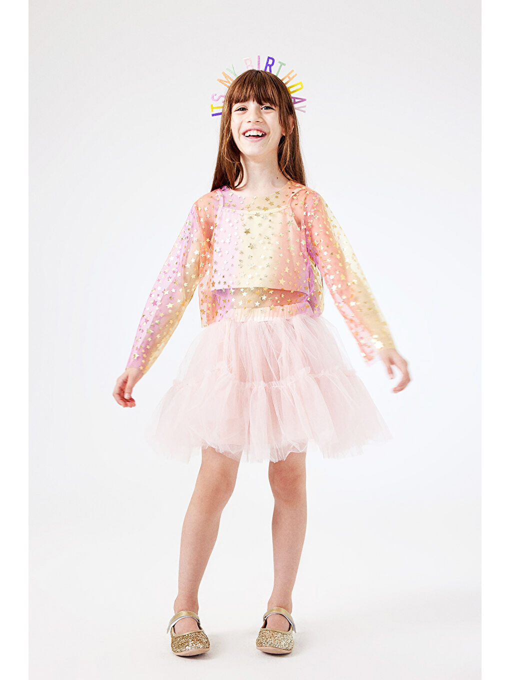 Sarı Uzun Kollu Yıldızlı Kız Çocuk Tül Crop