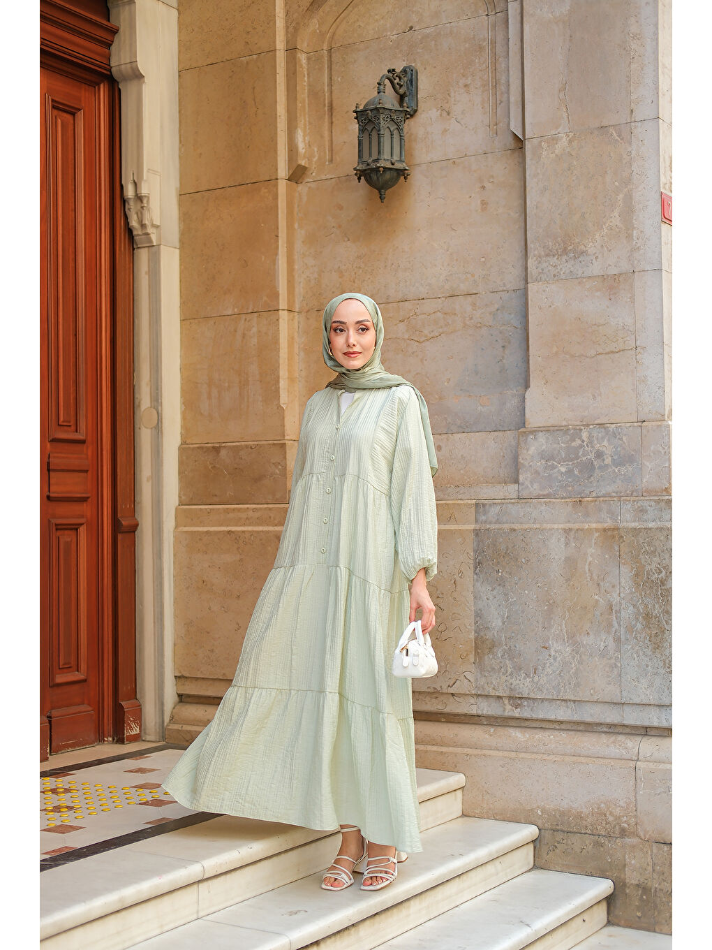 Kadın Kendinden Desenli Elbise Küf Yeşil-2