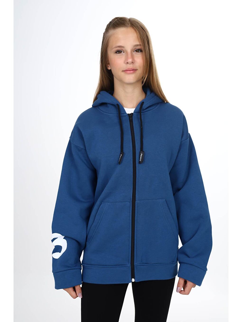 Lacivert Sırtı Baskılı Şardonlu Fermuarlı Kapüşonlu Kız Hırka 16432-3