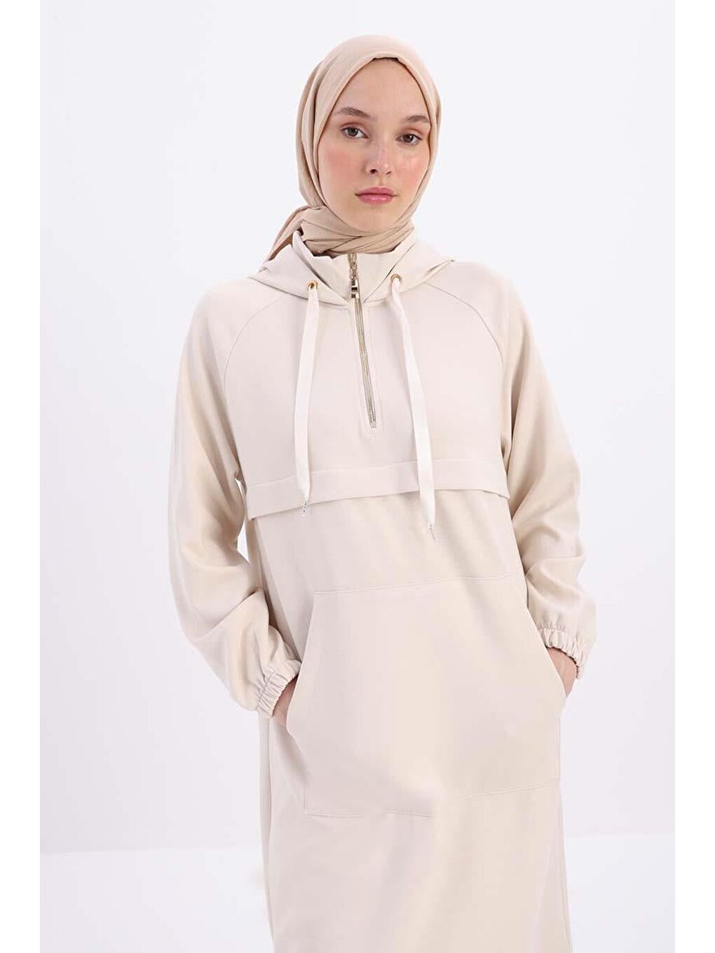 Açık Bej Ön Roba Dubleli Sweat Tunik