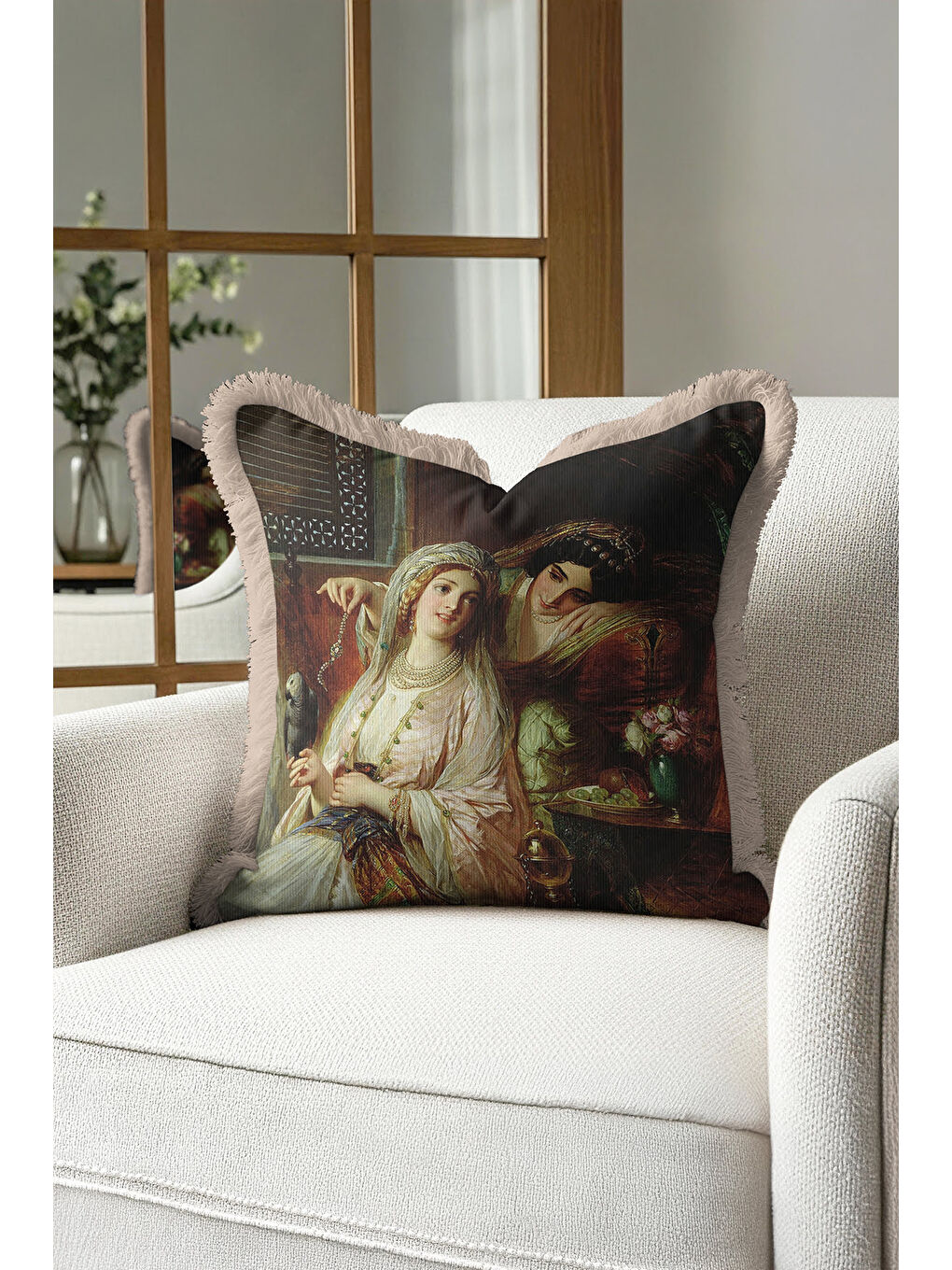 Karışık Osmanlı Saray Stili Saçaklı Yastık Kılıfı - Klasik Lüks Bohem Bej ve Gold Püsküllü Kırlent Kılıfı