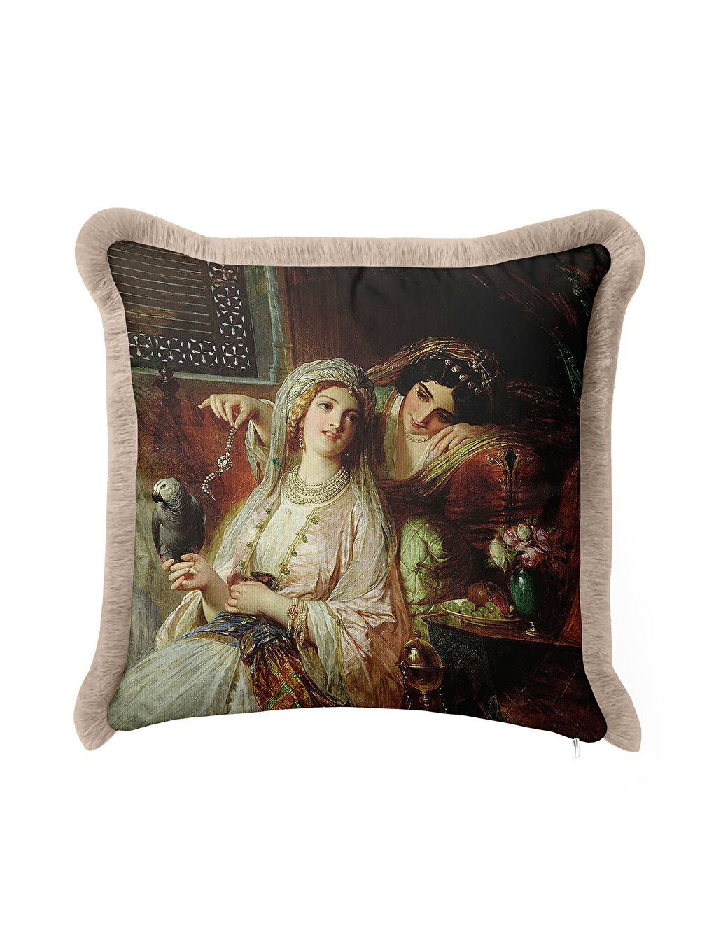 Karışık Osmanlı Saray Stili Saçaklı Yastık Kılıfı - Klasik Lüks Bohem Bej ve Gold Püsküllü Kırlent Kılıfı-1