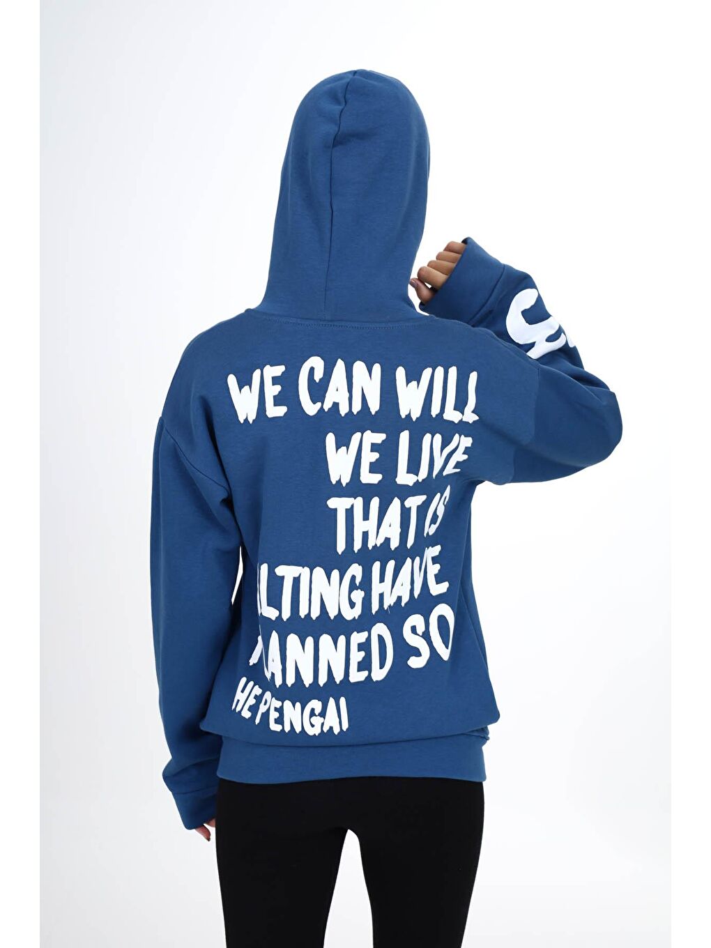 Lacivert Sırtı Baskılı Şardonlu Fermuarlı Kapüşonlu Kız Hırka 16432-4