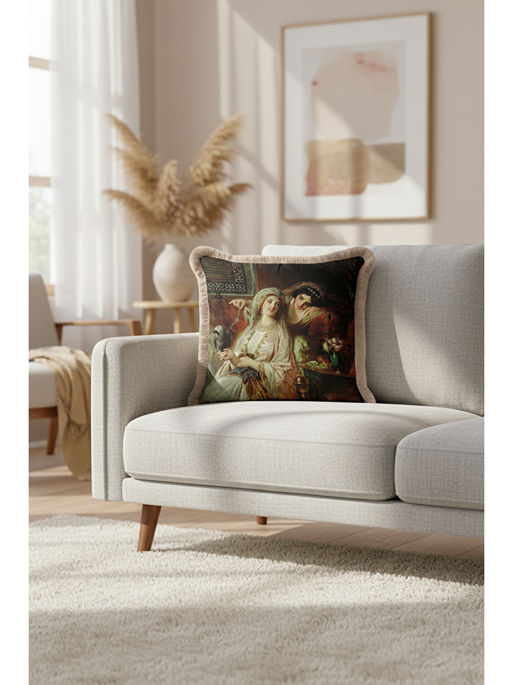 Karışık Osmanlı Saray Stili Saçaklı Yastık Kılıfı - Klasik Lüks Bohem Bej ve Gold Püsküllü Kırlent Kılıfı-2