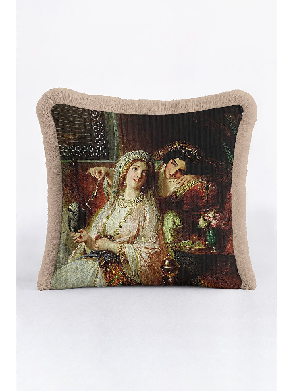 Karışık Osmanlı Saray Stili Saçaklı Yastık Kılıfı - Klasik Lüks Bohem Bej ve Gold Püsküllü Kırlent Kılıfı-3