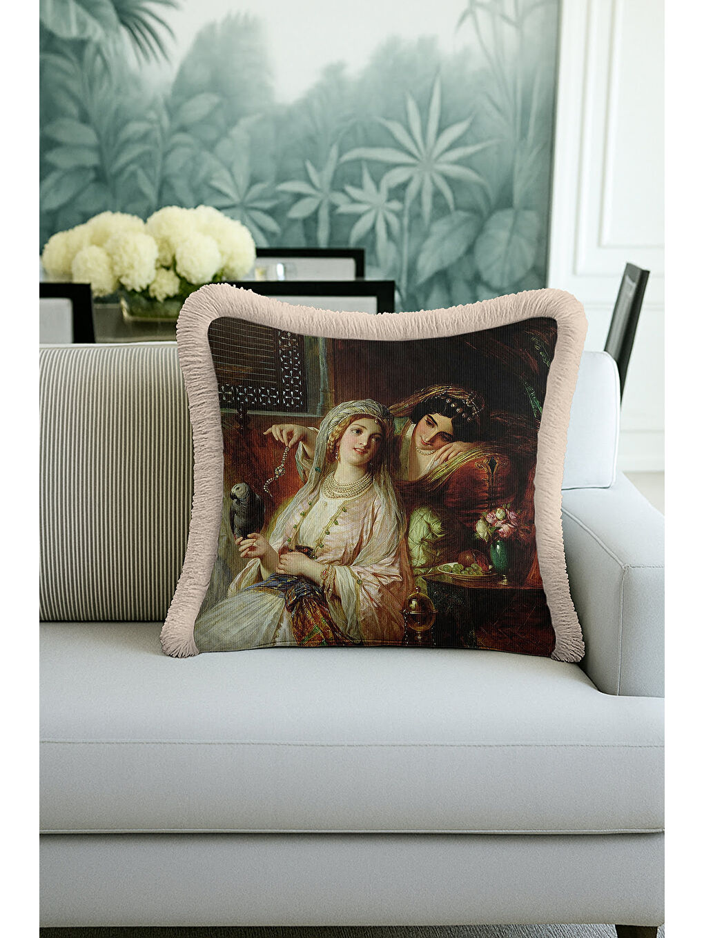 Karışık Osmanlı Saray Stili Saçaklı Yastık Kılıfı - Klasik Lüks Bohem Bej ve Gold Püsküllü Kırlent Kılıfı-4