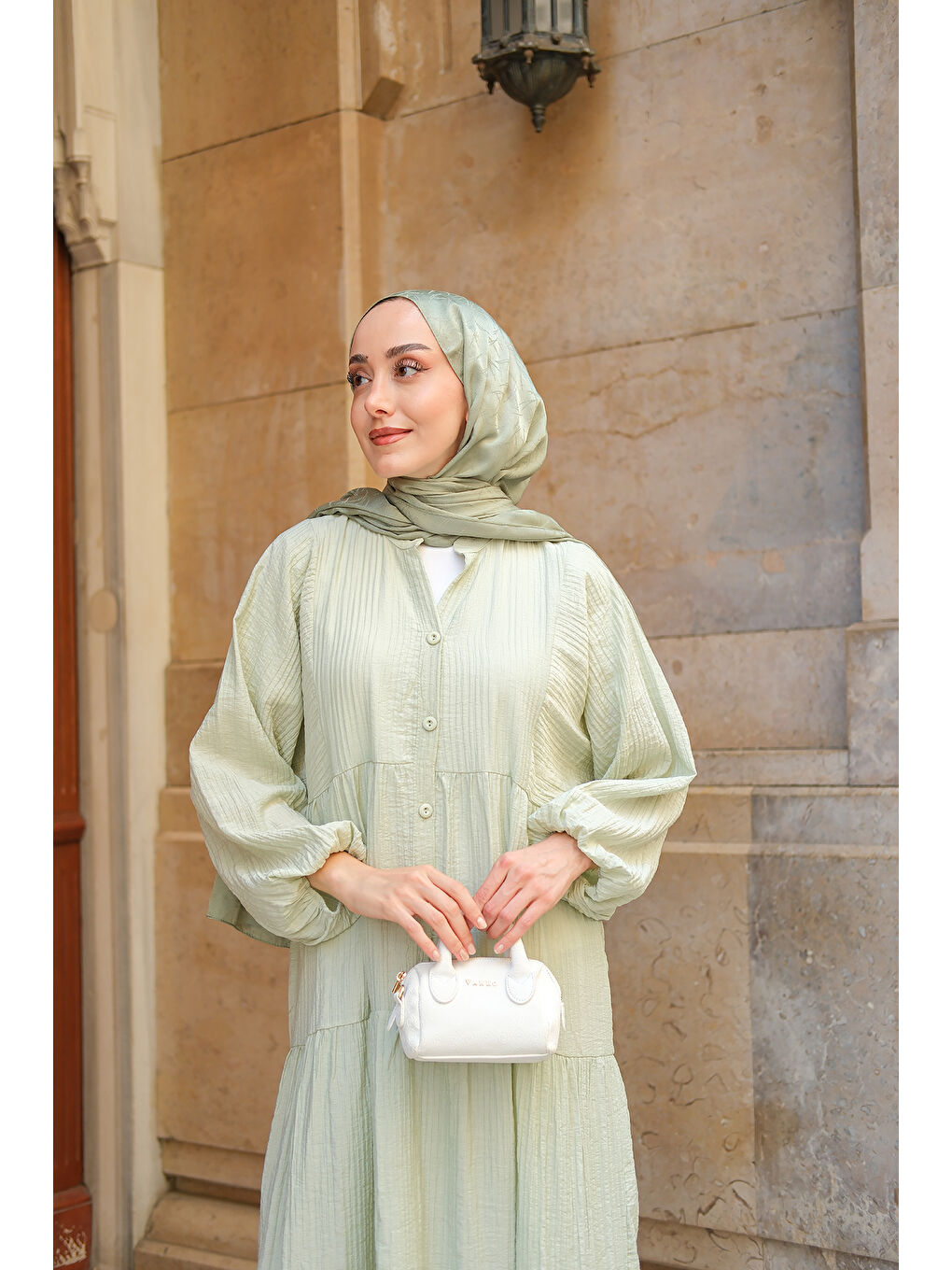 Kadın Kendinden Desenli Elbise Küf Yeşil-3