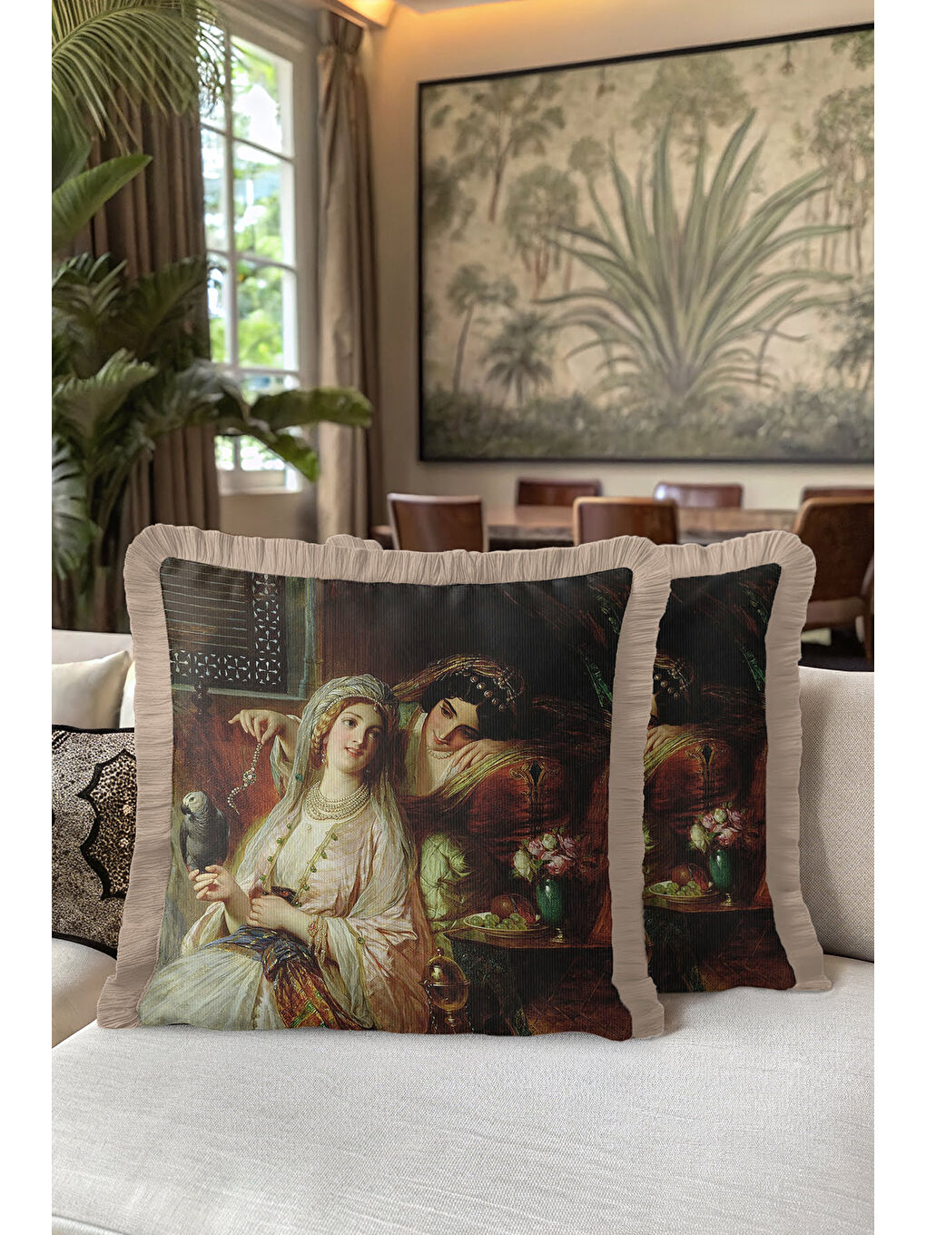 Karışık Osmanlı Saray Stili Saçaklı Yastık Kılıfı - Klasik Lüks Bohem Bej ve Gold Püsküllü Kırlent Kılıfı-5