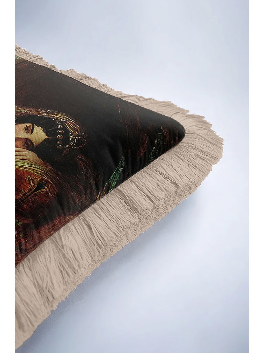 Karışık Osmanlı Saray Stili Saçaklı Yastık Kılıfı - Klasik Lüks Bohem Bej ve Gold Püsküllü Kırlent Kılıfı-6