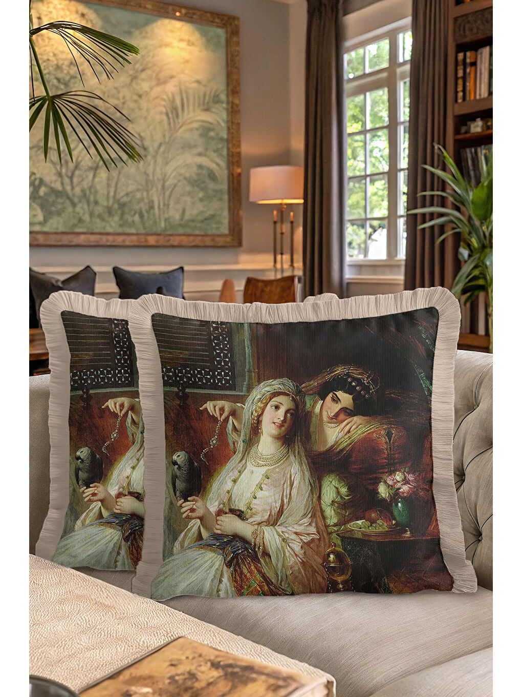 Karışık Osmanlı Saray Stili Saçaklı Yastık Kılıfı - Klasik Lüks Bohem Bej ve Gold Püsküllü Kırlent Kılıfı-7