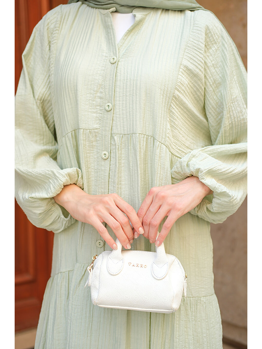 Kadın Kendinden Desenli Elbise Küf Yeşil-4