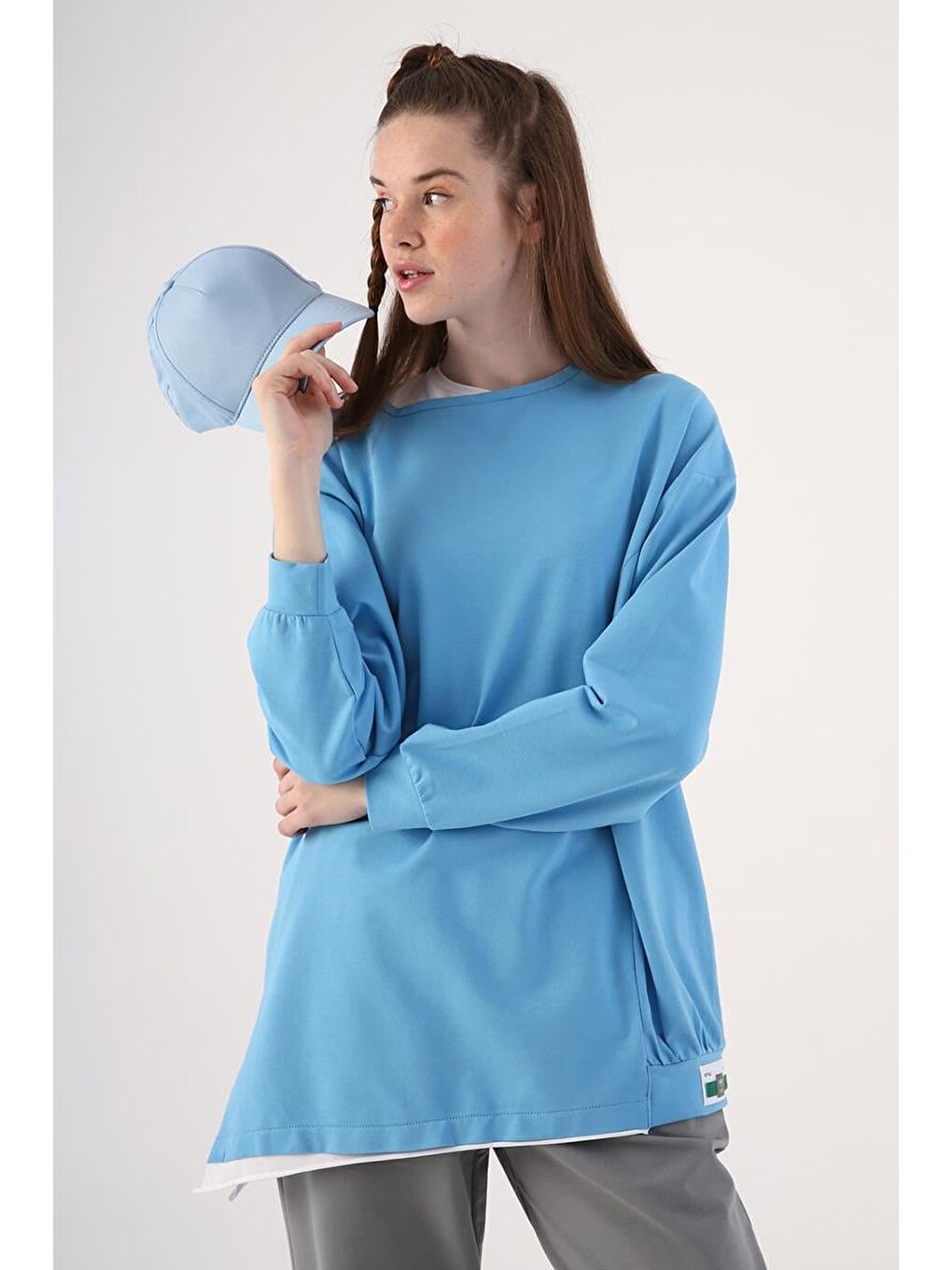 Mavi-Pamuklu Garnili İki Renkli Asimetrik Elastanlı Sweat