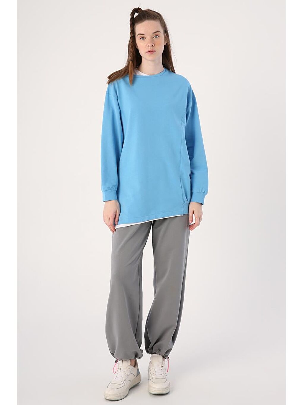 Mavi-Pamuklu Garnili İki Renkli Asimetrik Elastanlı Sweat-1